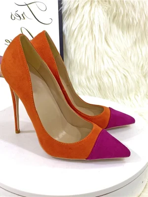 Orange Purple Patchwork Women Flock Pointy Toe High Heel Shoes