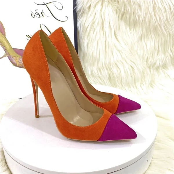 Orange Purple Patchwork Women Flock Pointy Toe High Heel Shoes