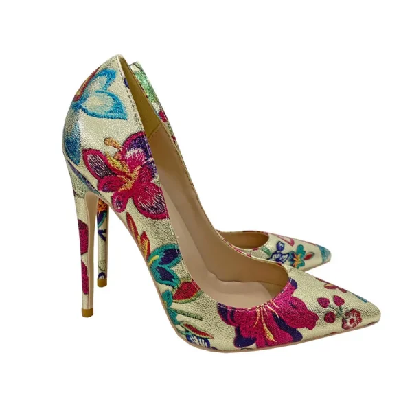 Floral Embroidered Women Gold Pointy Toe 8-cm High Heel Shoes - Image 8