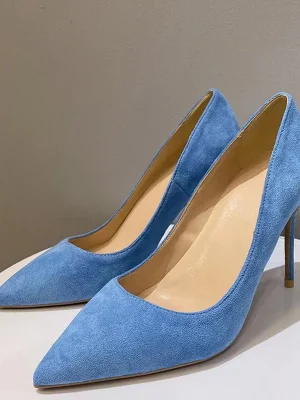 Light Blue Women Faux Suede Pointy Toe High Heel