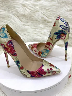 Floral Embroidered Women Gold Pointy Toe 8-cm High Heel Shoes