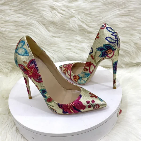 Floral Embroidered Women Gold Pointy Toe 8-cm High Heel Shoes