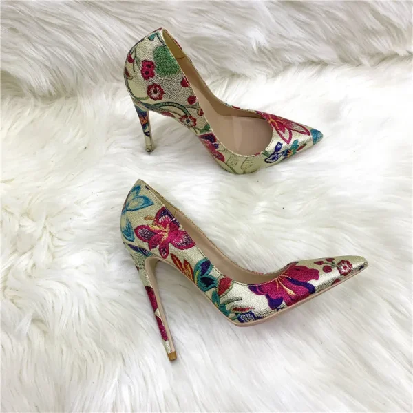 Floral Embroidered Women Gold Pointy Toe 8-cm High Heel Shoes - Image 3