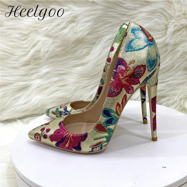 Floral Embroidered Women Gold Pointy Toe 8-cm High Heel Shoes - Image 2