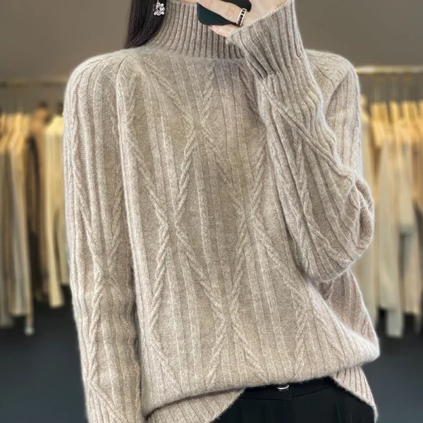 wool cashmere sweater ladies' semi-turtle neck twist diamond thick warm - Image 2