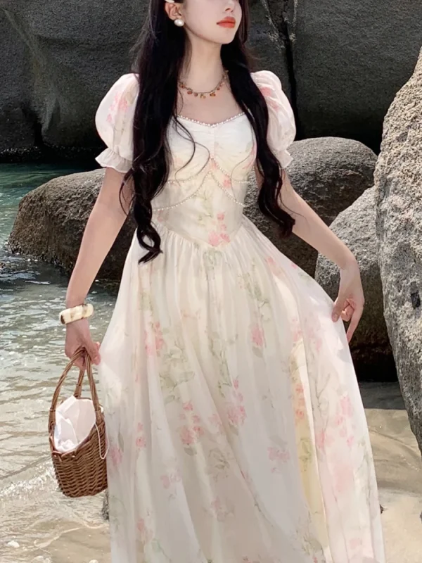 Elegant Sundress Women Short Sleeves Floral Midi Dress - Image 3