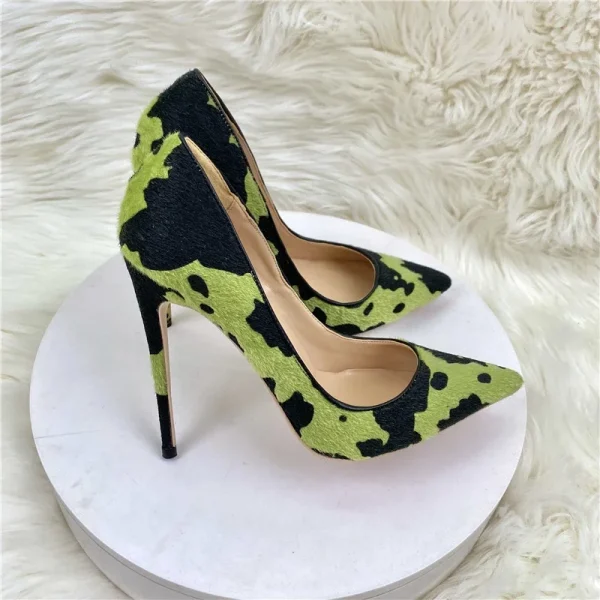 Hairy Fabric Women Green Cow Pattern Pointy Toe High Heel Shoes - Image 6