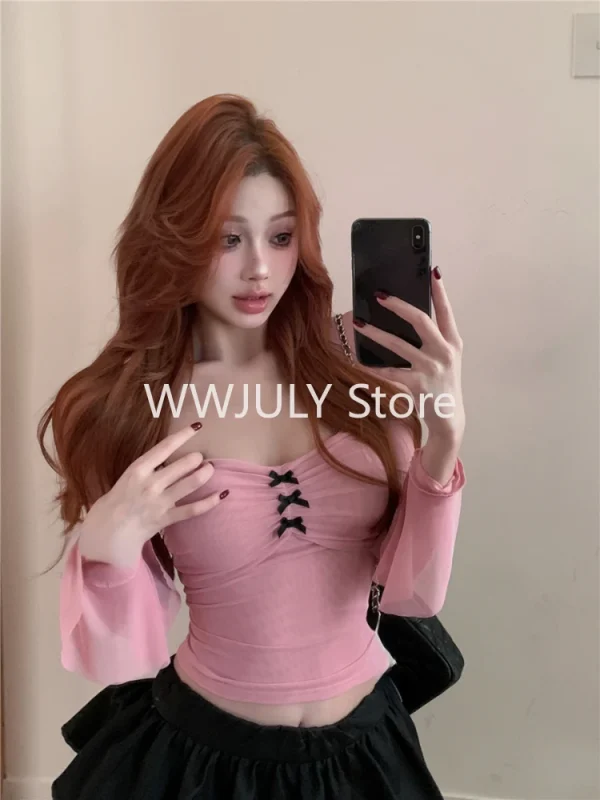 Off Shoulder Cropped T Shirts Women Korean Fashion Sweet Bow - Image 3