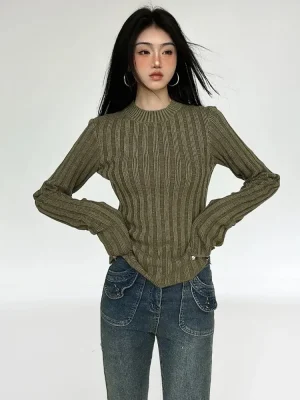 Vintage Green Crop Sweater Women Fairy Grunge Striped Pullover