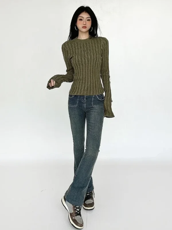 Vintage Green Crop Sweater Women Fairy Grunge Striped Pullover - Image 5