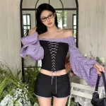 Kpop Outfits 2 Piece Set Long Sleeve Striped Patchwork Shirt