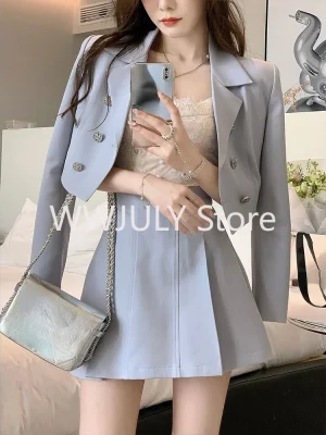 Women’s Blue Short Suit Coat Mini Skirts Outfits Korean Fashion Blazers