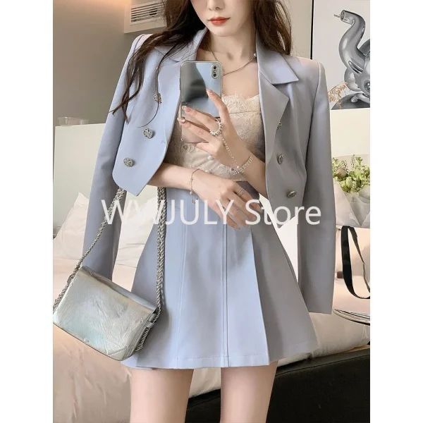 Women's Blue Short Suit Coat Mini Skirts Outfits Korean Fashion Blazers