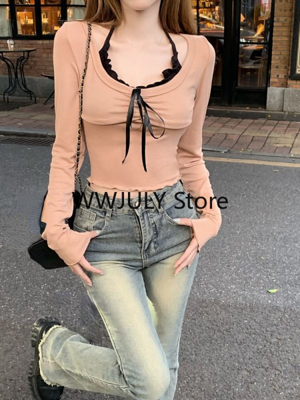 Korean Fashion Fake Two Tops Basic Casual Long Sleeve Blouse Woman