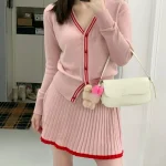 Elegant Knitted Two-piece Skirt Set Women Single Breasted V-neck Cardigan