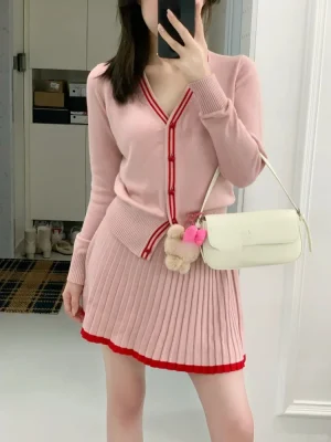 Elegant Knitted Two-piece Skirt Set Women Single Breasted V-neck Cardigan