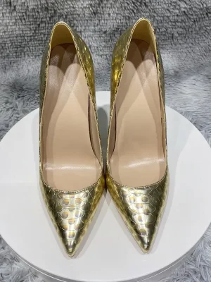 Glitter Gold Crocodile Effect Women Sexy Pointy Toe High Heel