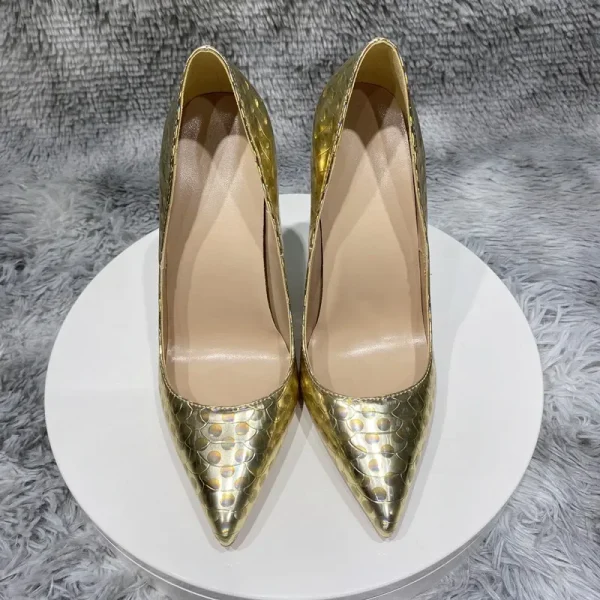 Glitter Gold Crocodile Effect Women Sexy Pointy Toe High Heel