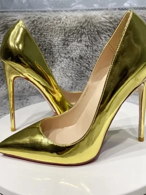 Glitter Solid Gold Women Patent Pointy Toe High Heel Wedding