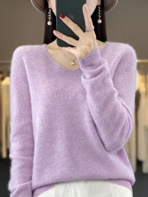 wool cashmere sweater women’s V-neck pullover casual knit top