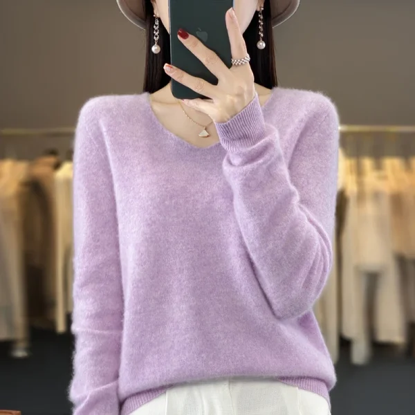 wool cashmere sweater women's V-neck pullover casual knit top