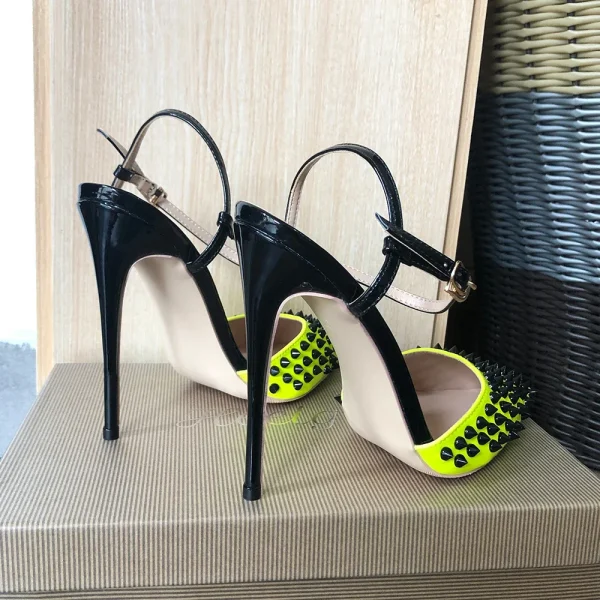 Lemon Green Women Sexy Spikes Pointy Toe Sling back High Heels - Image 3