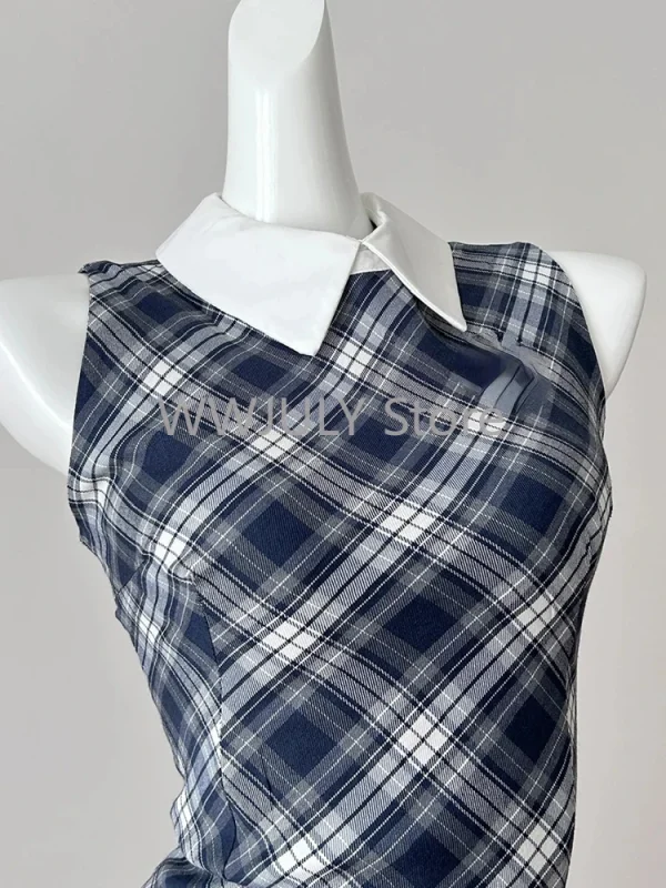 Korean Fashion Graduation Mini Plaid Preppy Sleeveless Dress - Image 3