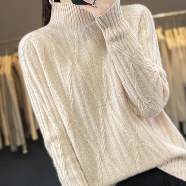 wool cashmere sweater ladies' semi-turtle neck twist diamond thick warm