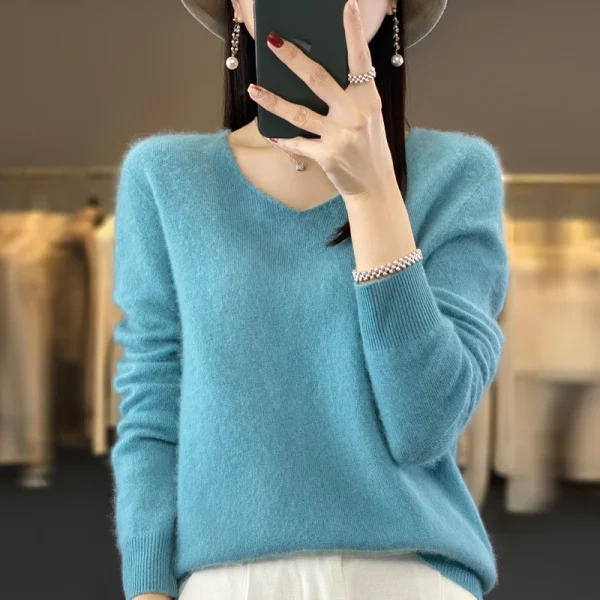 wool cashmere sweater women's V-neck pullover casual knit top - Image 2