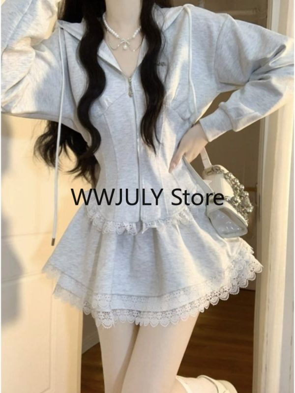 Korean Fashion Clothing Grey Lace 2 Piece Set Woman Casual Hooded - Image 7