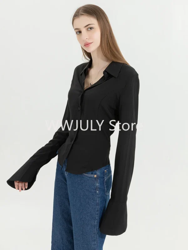 Women Retro Solid Color Slim Chiffon Shirt Turn-down Collar Flare Sleeve - Image 3