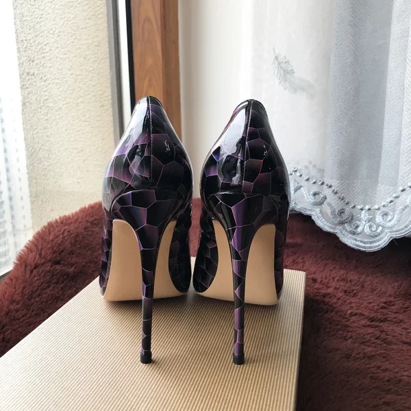 Black Geometry Print Women Glossy Pointy Toe High Heel Shoes - Image 5