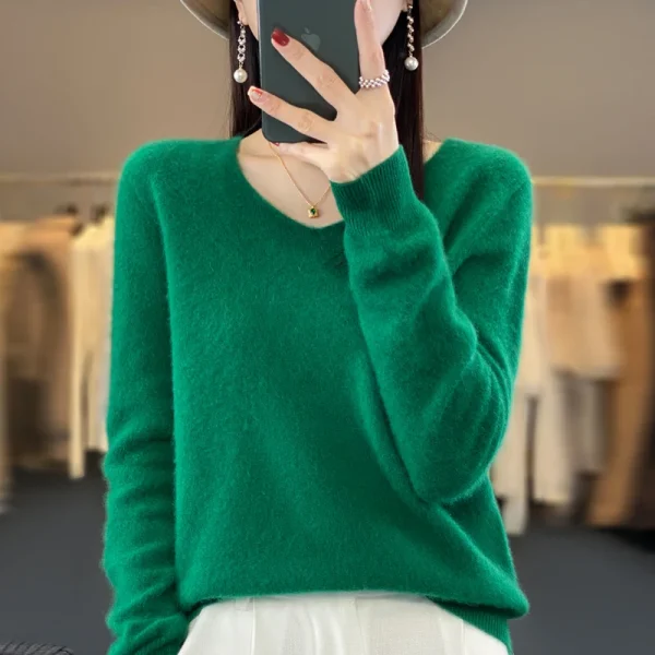 wool cashmere sweater women's V-neck pullover casual knit top - Image 4