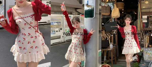 Sweet 2 Piece Dress Set Woman Red Long Sleeve Cardigan - Image 8