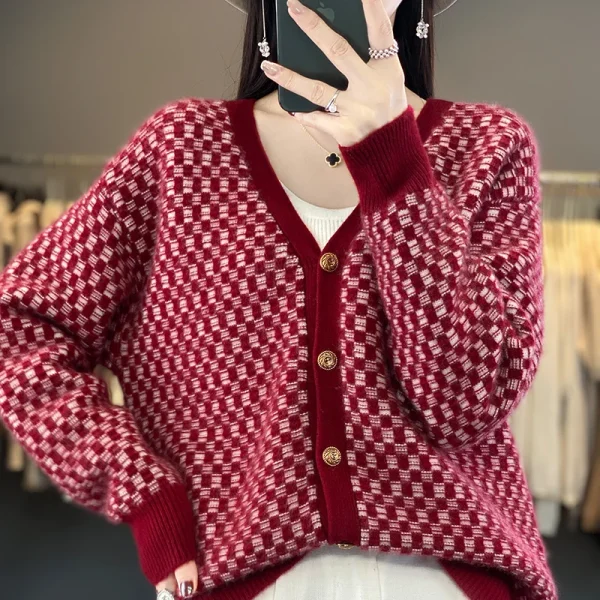 Wool Sweater Women's V-neck Knitted Cardigan Plaid Contrast Loose Fashion - Image 2