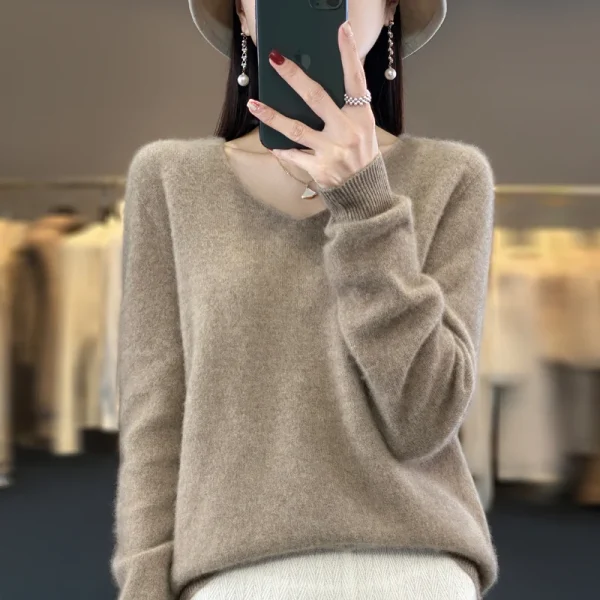 wool cashmere sweater women's V-neck pullover casual knit top - Image 3