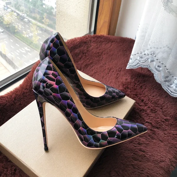 Black Geometry Print Women Glossy Pointy Toe High Heel Shoes - Image 6