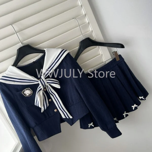 Aesthetic Outfits 2 Piece Set Long Sleeve Cardigan Sweater Mini Pleated Skirts - Image 4