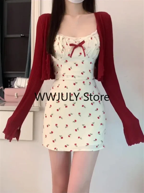 Sweet 2 Piece Dress Set Woman Red Long Sleeve Cardigan - Image 4