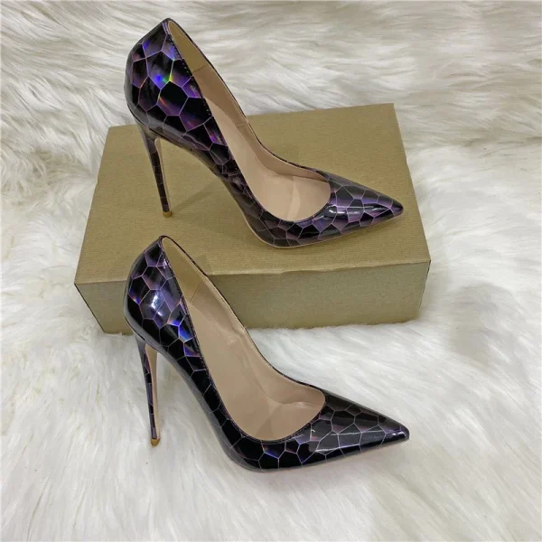 Black Geometry Print Women Glossy Pointy Toe High Heel Shoes - Image 8