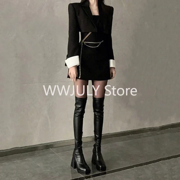 Vintage Black Two Piece Dress Women Casual Short Coat - Image 3