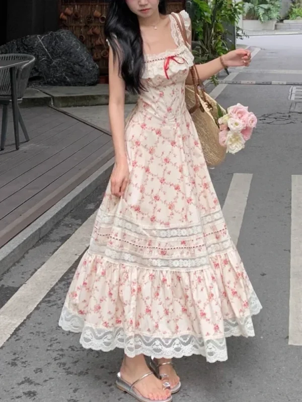 Elegant Floral Midi Dress Beach Style Korean Fashion