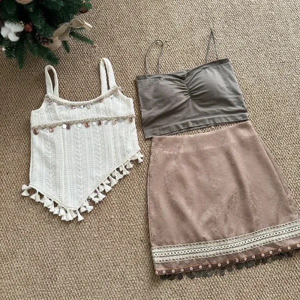 Vintage 3 Piece Skirt Sets Women Casual Knitted Tops - Image 3