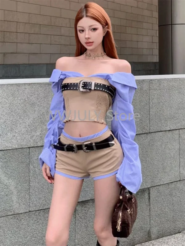 Woman Korean Style Suit Off Shoulder Striped Sexy Shirt - Image 4