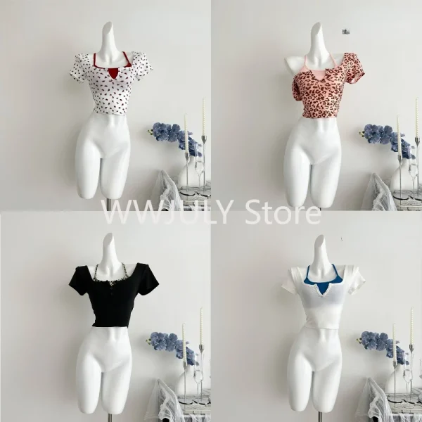 Women Vintage Mori Girl Two Pieces Set Slim Short Sleeeve Tops - Image 5