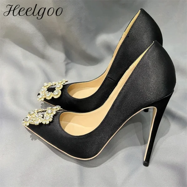 Square Women Black Satin Pointy Toe High Heel Shoes - Image 2