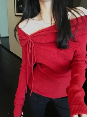 Vintage Red Slim Long Sleeve Tops Off Shoulder Sexy Knitted Sweater