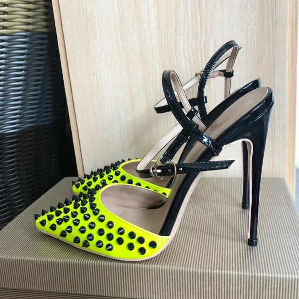 Lemon Green Women Sexy Spikes Pointy Toe Sling back High Heels - Image 4