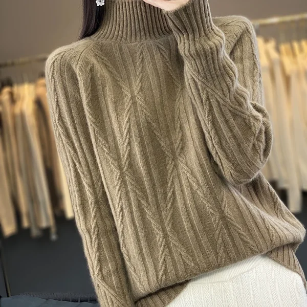 wool cashmere sweater ladies' semi-turtle neck twist diamond thick warm - Image 5