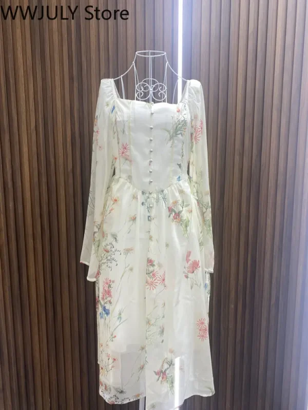 Chiffon Floral Midi Dress Office Lady 2025 Summer Elegant One Piece Dress - Image 6